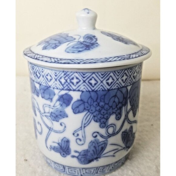 Tea cup mug China Porcelain Blue White Coffee Lidded 8oz Butterfly Floral - Picture 4 of 10